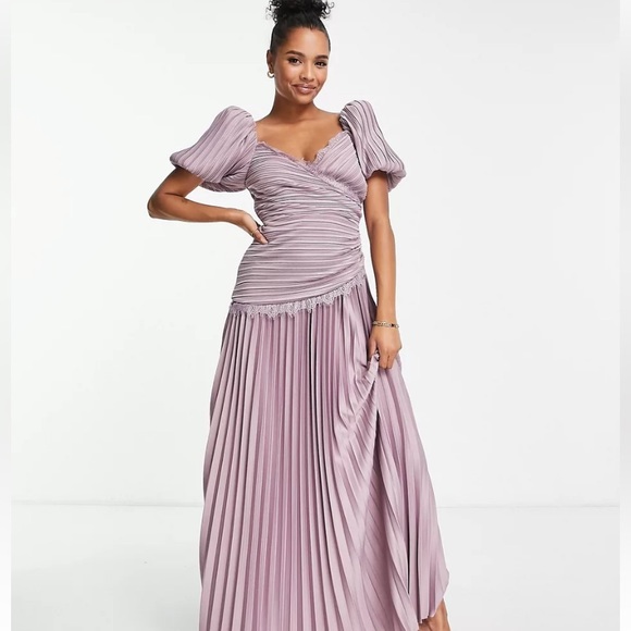ASOS DESIGN puff sleeve lace trim pleated skater dress in mauve - Picture 1 of 8